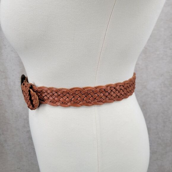 Buckle Braided Woven Tan Leather Belt with Decorative Brass Toned Buckle - Picture 4 of 14